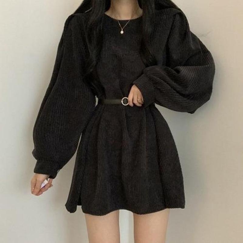 Casual Dresses Puff Sleeve Dress Plus Size Mini Long Autumn Winter Woman Vintage Lolita Black Brown Party For Women 2021