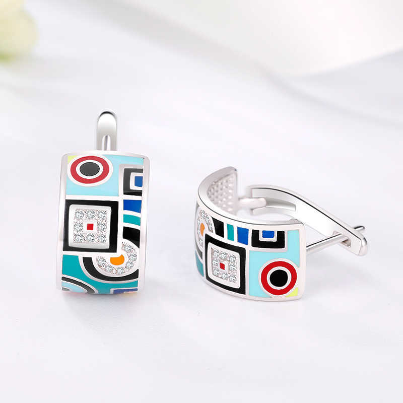 OGULEE Arrival 925 Silver Stud Earrings Round Shape blue-green Enamel Classic pattern CZ For Women Fine Jewelry 210616