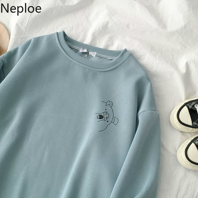 Neploe Cartoon Print Hoodies Women Korean O Neck Long Sleeve Coats Femme Loose Casual Plus Velvet Female Sweatshirts 1C818 201212