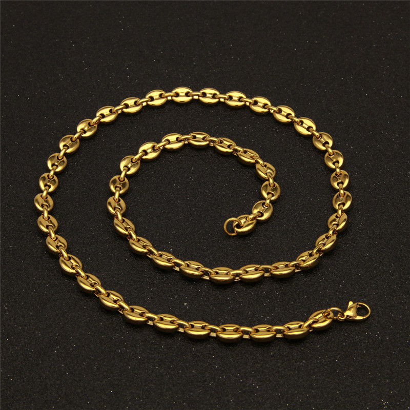 Coffee Bean Necklace and Bracelet Set High Quality Stainless Steel Mens Jewellry Two Colors Optional Hip Hop