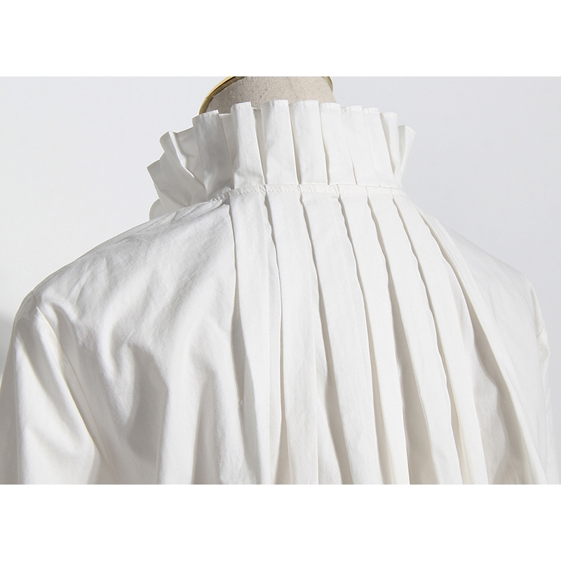 TWOTWINSTYLE Vintage Asymmetrical Women Blouse Stand Collar Flare Long Sleeve Irregulaer Hem Ruched Ruffles Shirt For Female New 210225