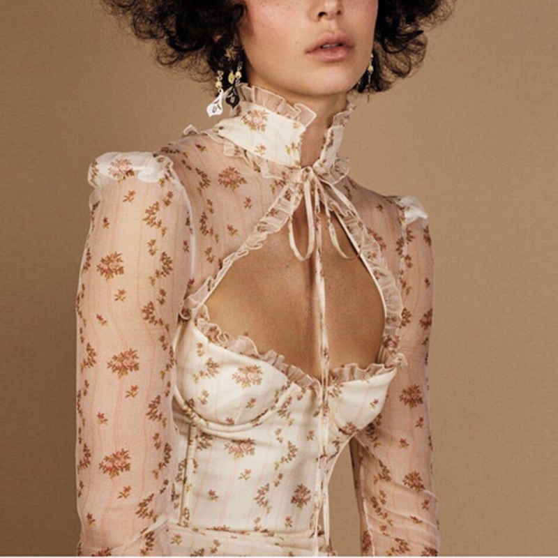 TWOTWINSTYLE Casual Print Women Shirts O Neck Long Sleeve Patchwork Ruffles Hit Color Lace Up Bow Hollow Out Blouses Female Tide 210225