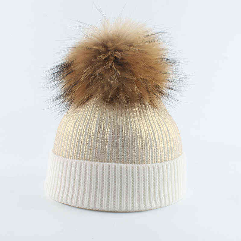 Wool Knitted Winter Hat For Kids Girls Boy Gold Silver Pink Black Metallic Print Beanie Real Fur Pompom 220105