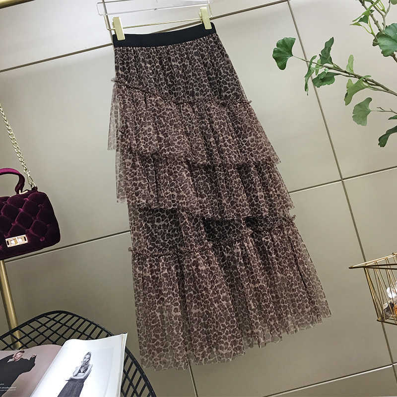 Flectit Leopard Tulle Skirt Women Autumn Winter Asymmetrical Layered Ruffle Mesh Midi Vintage Style * 210621