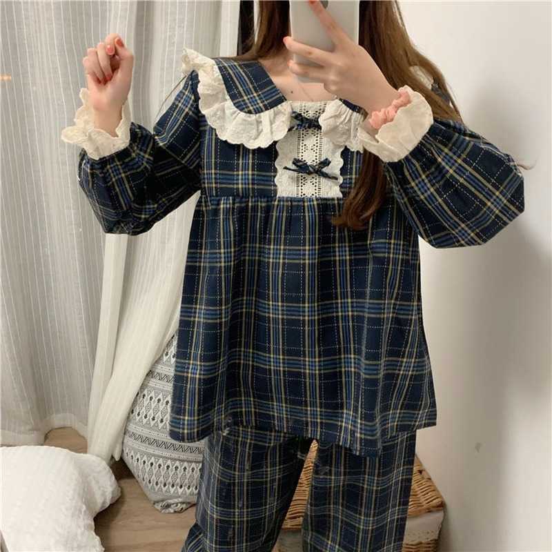 QWEEK Pijama Plaid Korean Pajamas Women Autumn Sleepwear Female Set Lace Chic Loungewear Sweet Long Short Sleeve Pyjamas Suit 210924