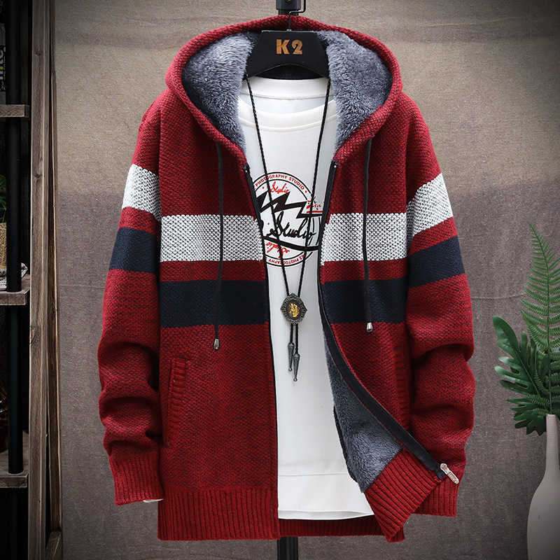 Fleece Warm Sweater Men Winter Hooded Cardigan Mens Striped Slim Sweaters Patchwork Coat Knitted Men's Hoodie Jumper Clothing 210818
