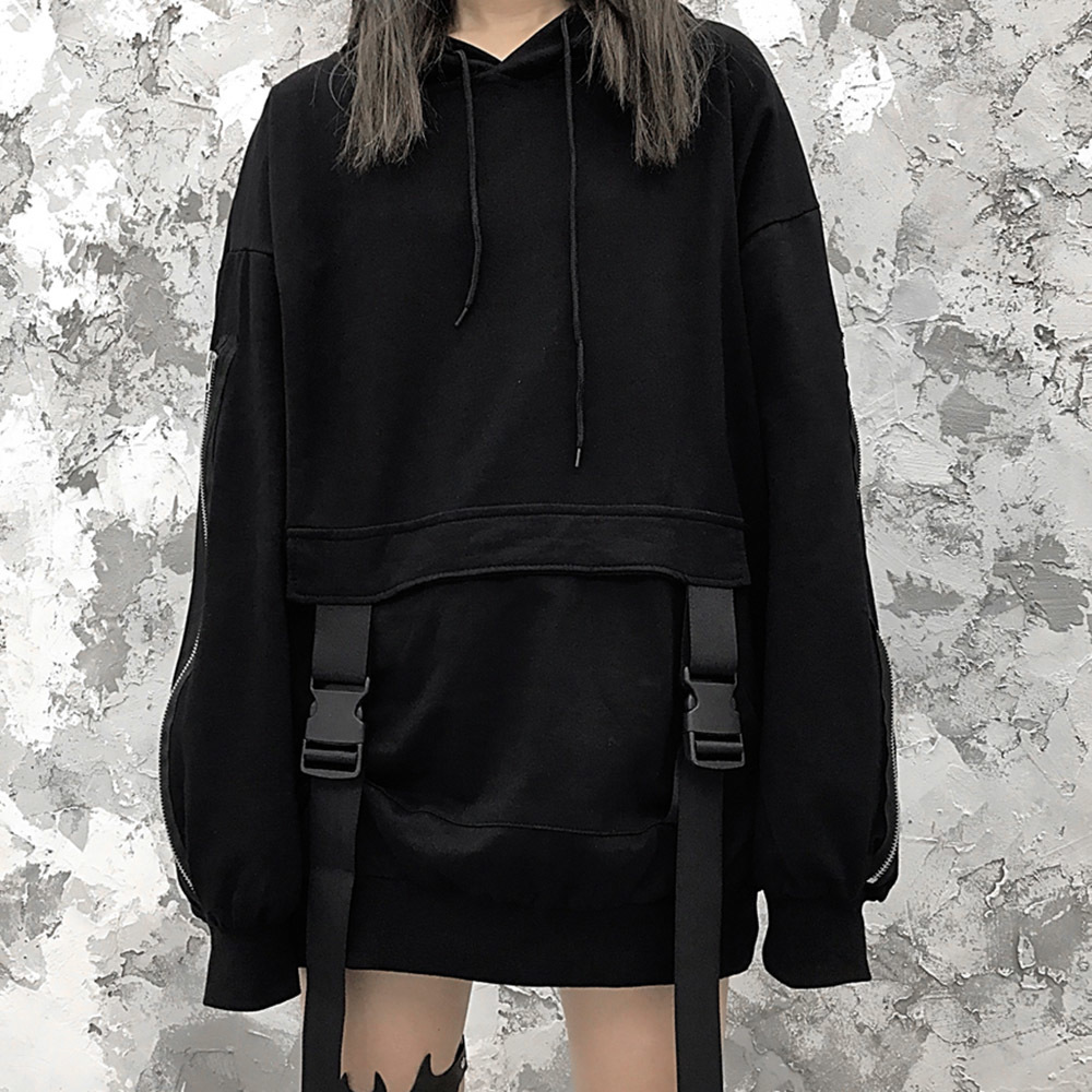 Rosetic Zipper Deign Gothic Women Hoodie Hooded Plus Size Loose Sweatshirt Pullover Streetwear Black Hoodies Drawstring 201204