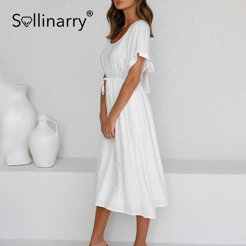 Sollinarry Sexy backless soild white color A-line women dress Summer causel short sleeve dress chic ladies holiday female dress 210709