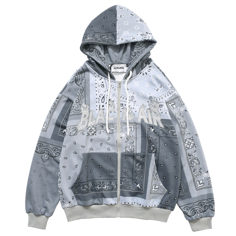 Mens Hip Hop Pullover Hoodies Embroidered Bandana Patchwork Full Zipper Hooded Sweatshirts Jackets Harajuku Casual Tops 201020