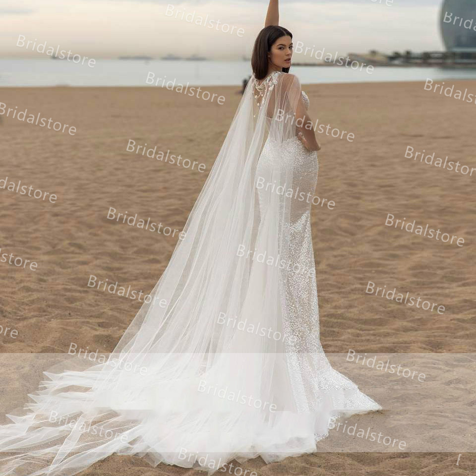 Glitter Sequin Mermaid Wedding Dress 2021 With Caped Wraps Sweetheart 3D Flowers Wedding Gowns Sexy Sparkly Boho Beach Wedding Dress Bridal