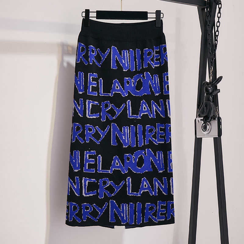 Women's Letter Knit Skirt Autumn Winter High Waist Split Straight Office Lady Long Warm Step Faldas ML297 210621