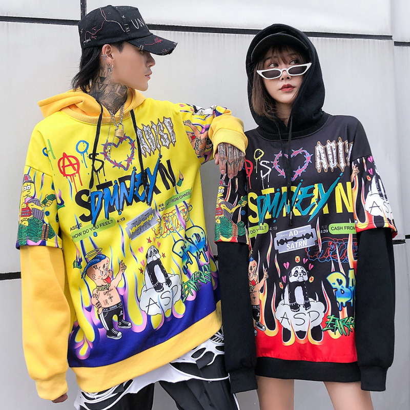 Aolamegs Hoodies Men Hip Hop Letter Print Men Pullover Cartoon Oversize Style Hooded Sweatshirt Lover High Street Streetwear 201127