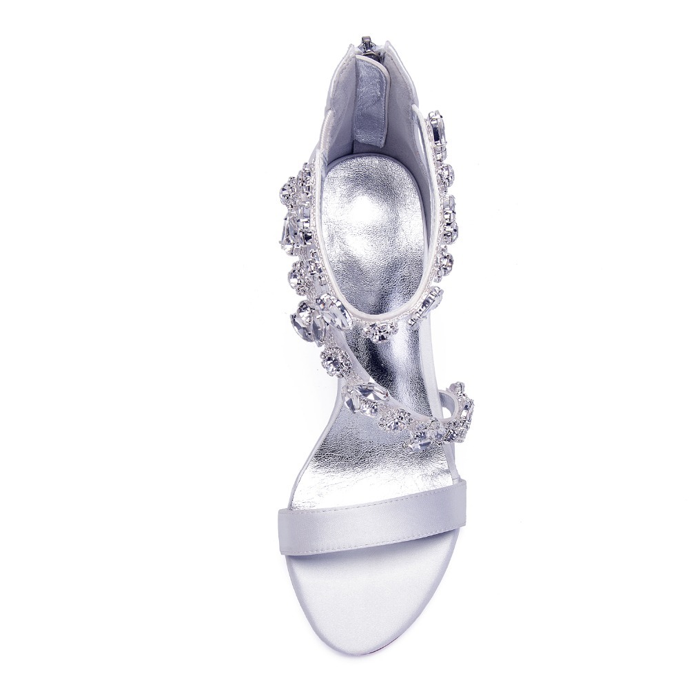 High Heels Rhinestones Wedding Sandals Shoes Women Open Toe Satin Zipper Back Strap Evening Party Summer Ladies Sandals 210308