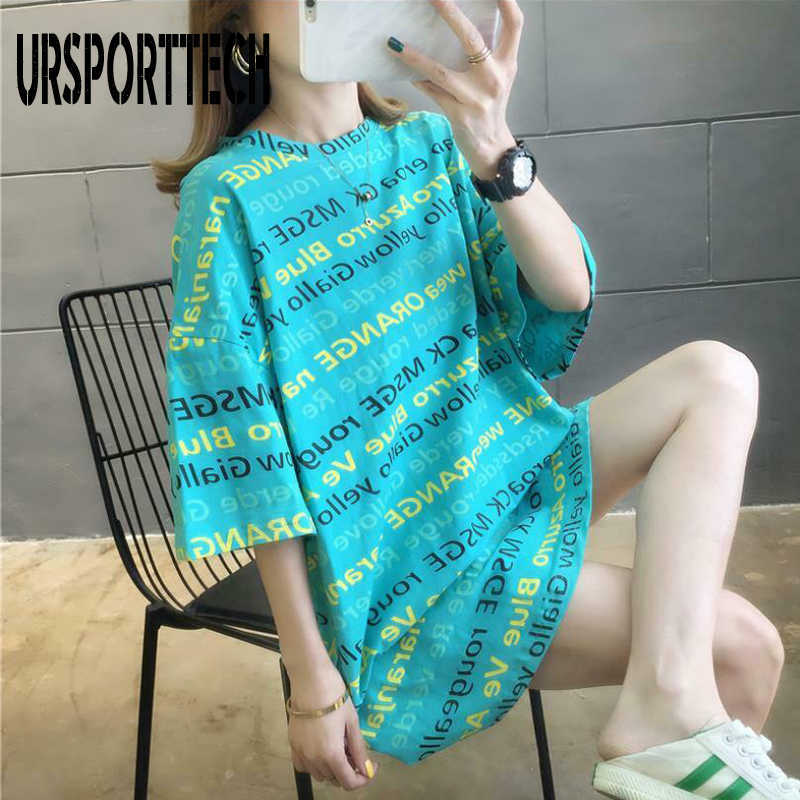 URSPORTTECH Womens Tshirts Letter Printed Long T Shirt Women Summer Short Sleeve Shirt Female Oversized Casual Harajuku Tops Tee 210528