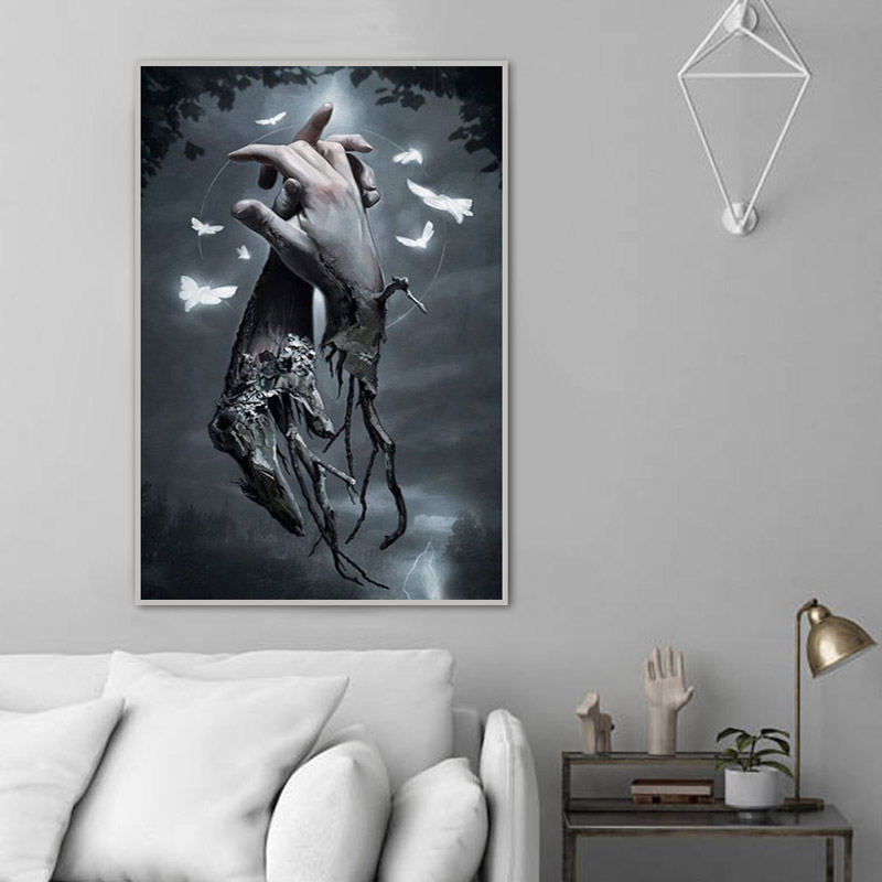 Abstract Hands Canvas Painting Sad Picture Posters and Prints Withered Tree and Finger Wall Paintings for Living Room Cuadros