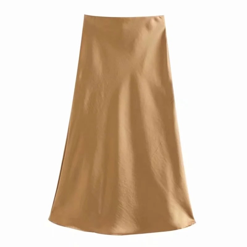 Solid Satin Elastic waist Women Midi Skirt New Fashion Casual Lady Slim A-Line Skirts P1596 210306