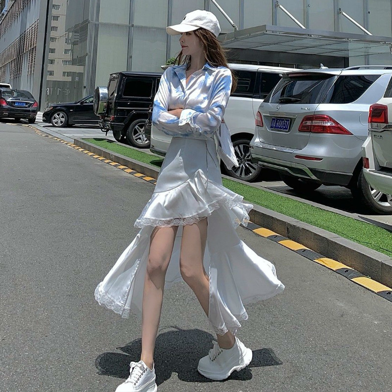 Midi Skirt Women Chic Irregular Harajuku Skirt Casual Cool Split Lace Ruffles Skirts Summer Autumn Women's Clothing New 210309