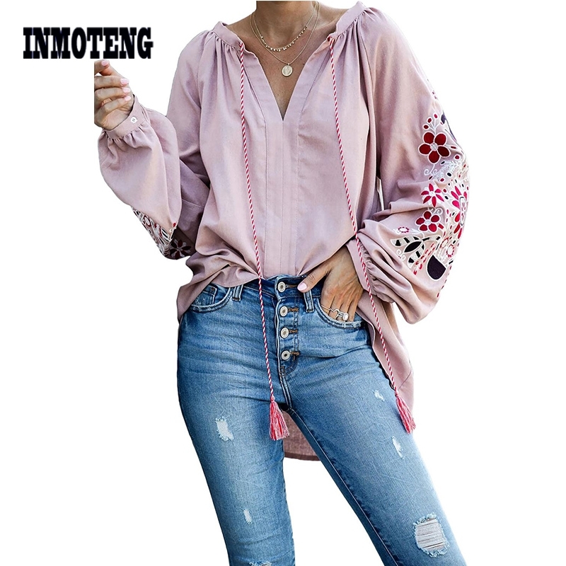 Green/Black/Blue/Pink Relaxing Fit Floral Embroidered Peasant Blouse Top Women Billowy Long Sleeves Casual Loose Autumn Blouse T200321