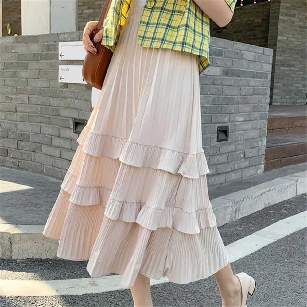 Women Pleated Skirt Black White Korean Style Long Summer Chiffon Layer Cake Sun Female Elegant 210619wtt