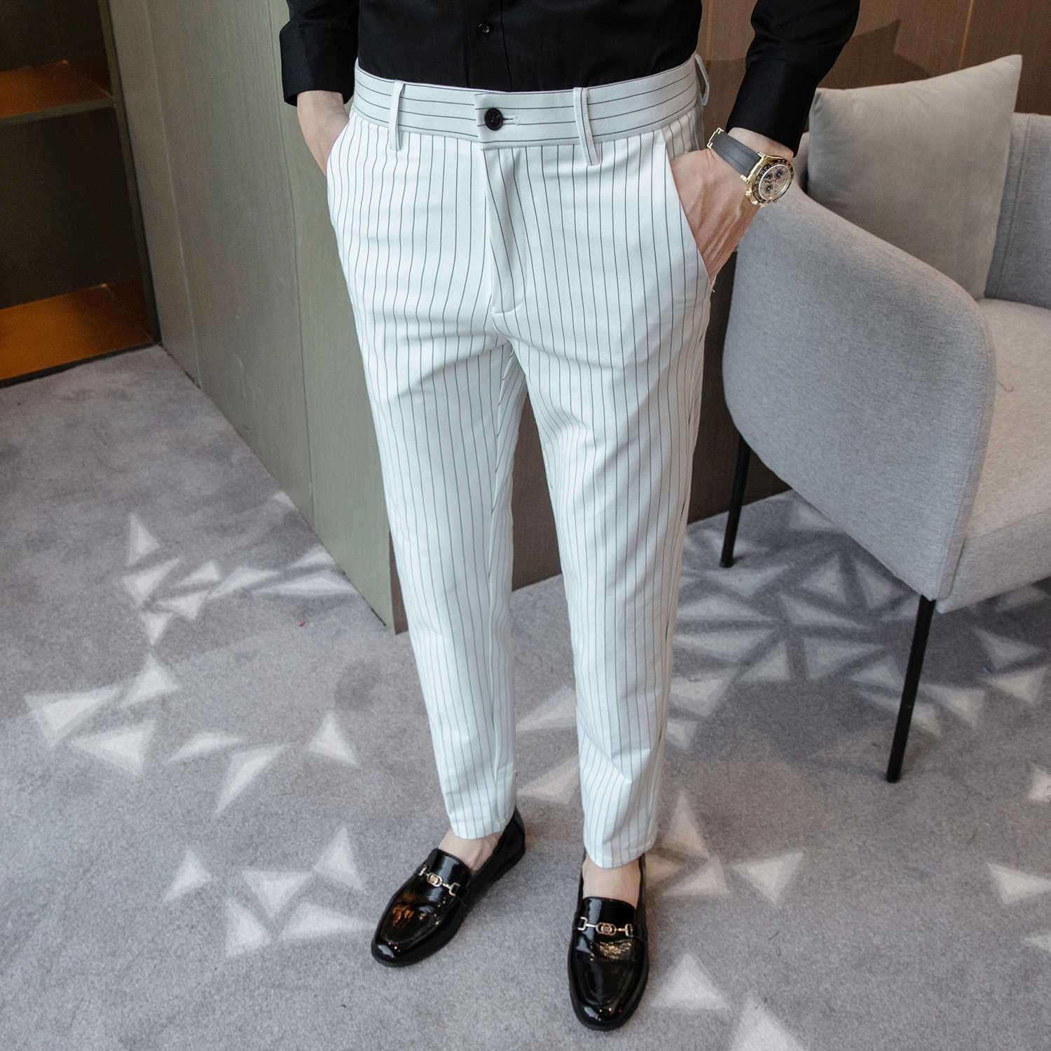 Classic Striped Business Dress Pants Men Slim Fit Casual FormalOffice Social Trousers Ankle Length Men Suit Pants Pantalon Homme 210527, Black
Classic Striped Business Dress Pants Men Slim Fit Casual FormalOffice Social Trousers Ankle Length Men Suit Pants Pantalon Homme 210527, Black