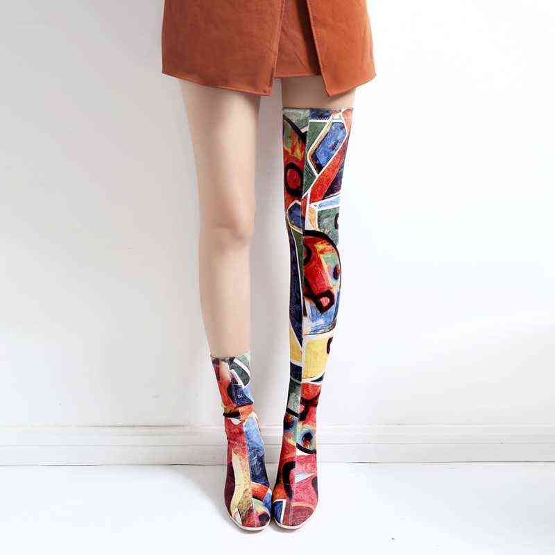 REAVE CAT Women autumn Spring Thigh High Boots Ankle Clear transparent Heels Stretch Colorful Over The Knee Botas Bottine Femme 211105