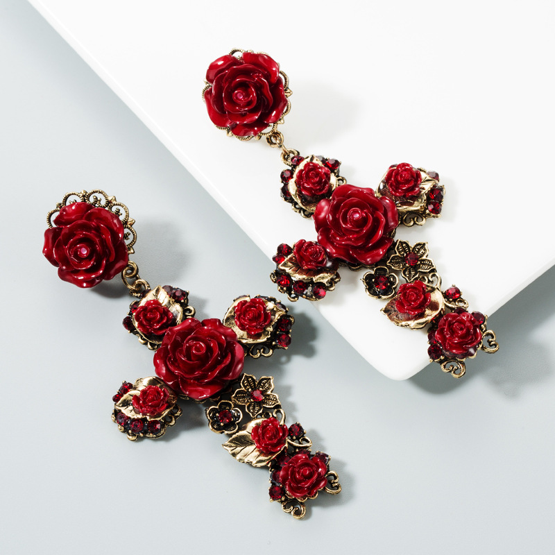 Long Cross Studs Earrings Women Retro Baroque Rose Flower Crystal Rhinestone Dangles Black Red White Color Fashion Design Acrylic Statement Street Par