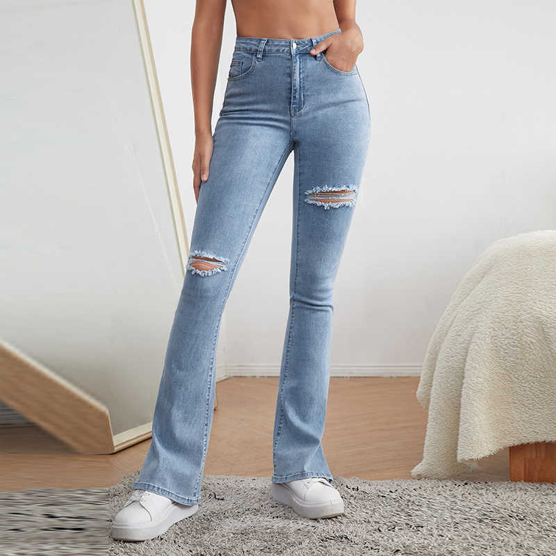 DenimColab High Waist Elastic Micro Flared Pants Jeans Women Split Hole Skinny Pencil Casual Stretch Office Lady 210922