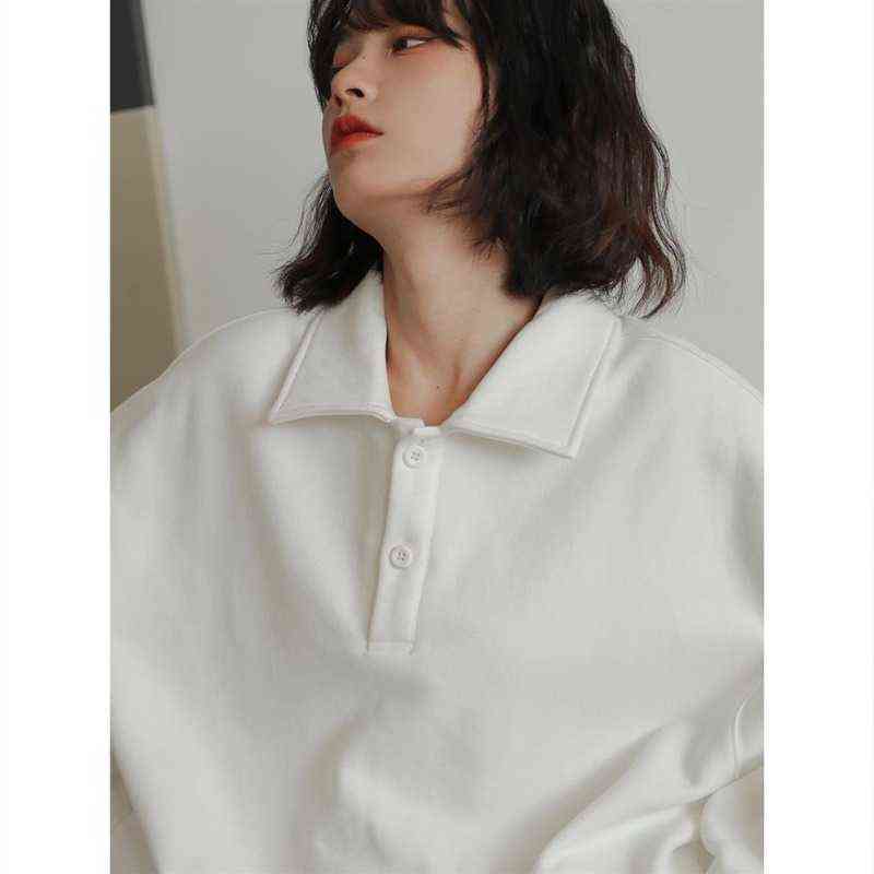 QWEEK Casual Polo Collar Hoodies Women Vintage Korean Style White Sweatshirt Long Sleeve Tops Harajuku Clothes School 211108