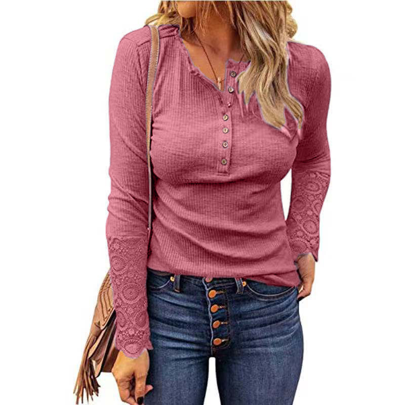 Women's Tops Tees 2021 European and American new style round neck stitching lace sleeve loose solid color long-sleeved T-shirt