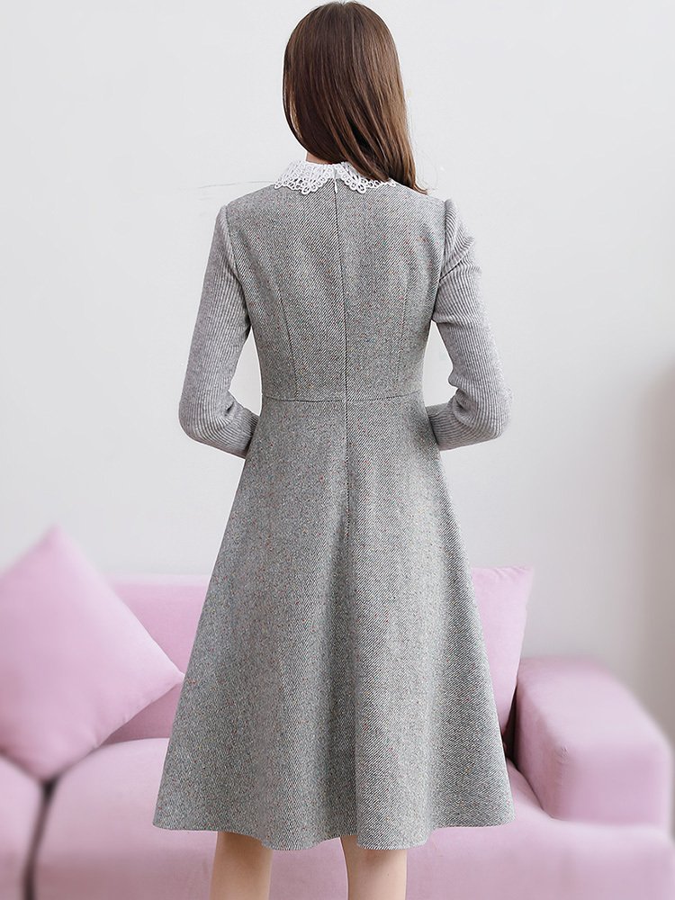 Only Plus Winter Woolen Vintage Grey Dress ALine Elegant Slim Lace Up Button Dresses Warm Office Lady Knee Female Vestidos 210303