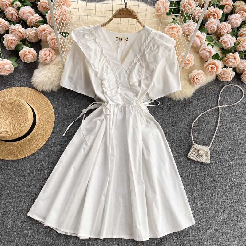 DEAT Women Ruffles 11D1300 Dress V- Neck Short Sleeve Arrivals Lady Temperament Fashion Spring Summer 11D1300 210709