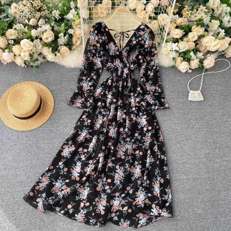 DEAT Women Printing Midi-long Dress V-Neck Long Sleeve Arrivals Lady Tenperamnet Fashion Spring Summer 11D942 210709