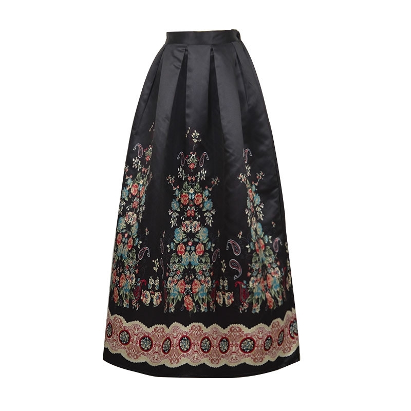 Skirts 23 Patterns Maxi Women Fashion Satin Flared Long Vintage Retro Rose Floral Print Pleated SK064 210621
