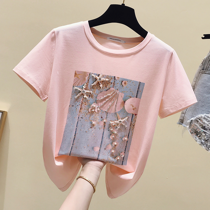 Pink Summer T shirt Women Tops White Tshirt Women Korean Clothes Short Sleeve Casual Purple Sequins Diamond Tee shirt Femme T200614