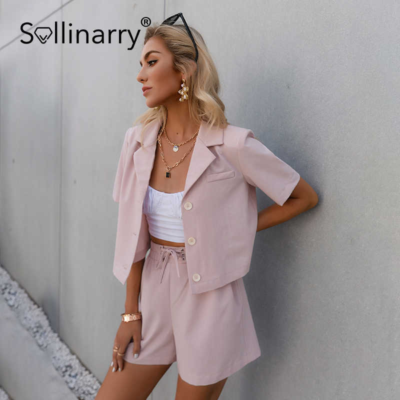 Sollinarry Two-piece suit collar short sleeve for women Pink tie belt shorts female sets Summer casual office ladies streetwear 210709