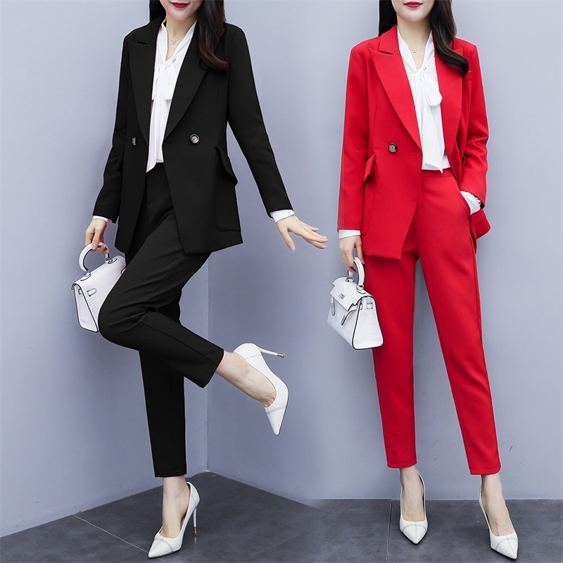 Casual high quality women's suits pants suit Autumn new slim red ladies red jacket small suit Female large size slim trousers T200817