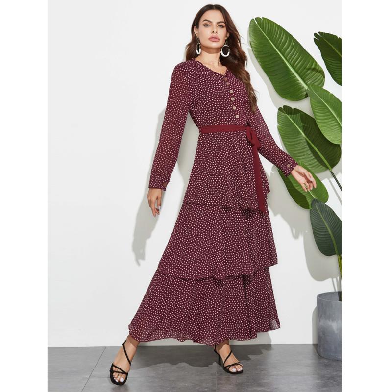 Ethnic Clothing Fashion Women Polka Dot Dress Abaya Vintage Bow Long Sleeve Maxi Dresses Kaftan Muslim Party Gown Holiday Jilbab Islamic Clo
