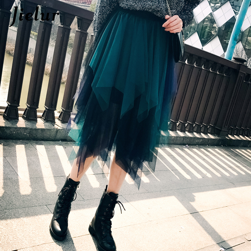 Jielur Tulle Skirt Spell Color Elastic High Waist Skirts Womens Dance Tutu Skirts Irregular Skirt Lolita Petticoat Midi Rokken 210309