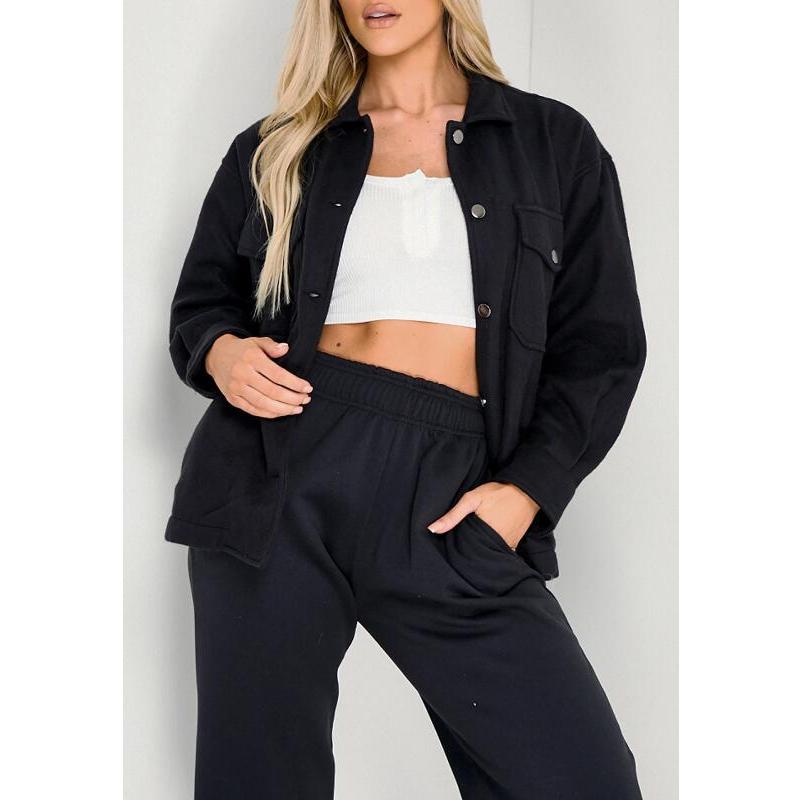 Purple Demi-Season Solid Jacket Shirt Pockets Coat With Buttons Female Autumn Ladies Black Trend Overcoat Black Turn-down Collar