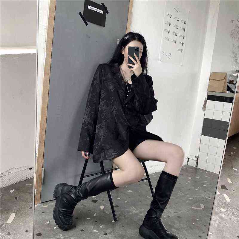 Gothic Vintage Women Jacket Long Sleeve Retro Silky Satin Blazer For Female Fashion Chinese Dragon Print White Outwears 211122
