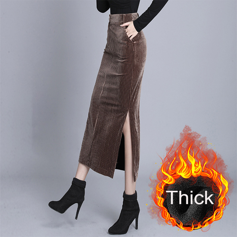 Plus Size Women Thick Corduroy Skirt Autumn Winter Vintage Pencil Side Slit Female Long Skirt High Waist Wrap Coffee Skirt 210309