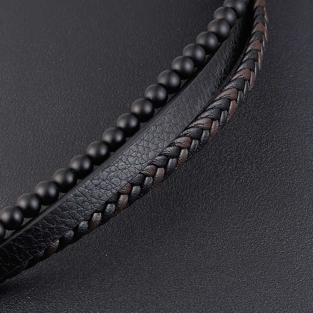 Fashion Natural stone Magnetic button leather braided bracelet men's steel jewelry Nice gift