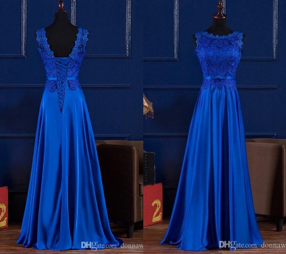 New Boat Neck Lace Satin Long Evening Dress Royal Blue Burgundy 2022 Floor Length Prom Party Gown Elegant robe de soiree