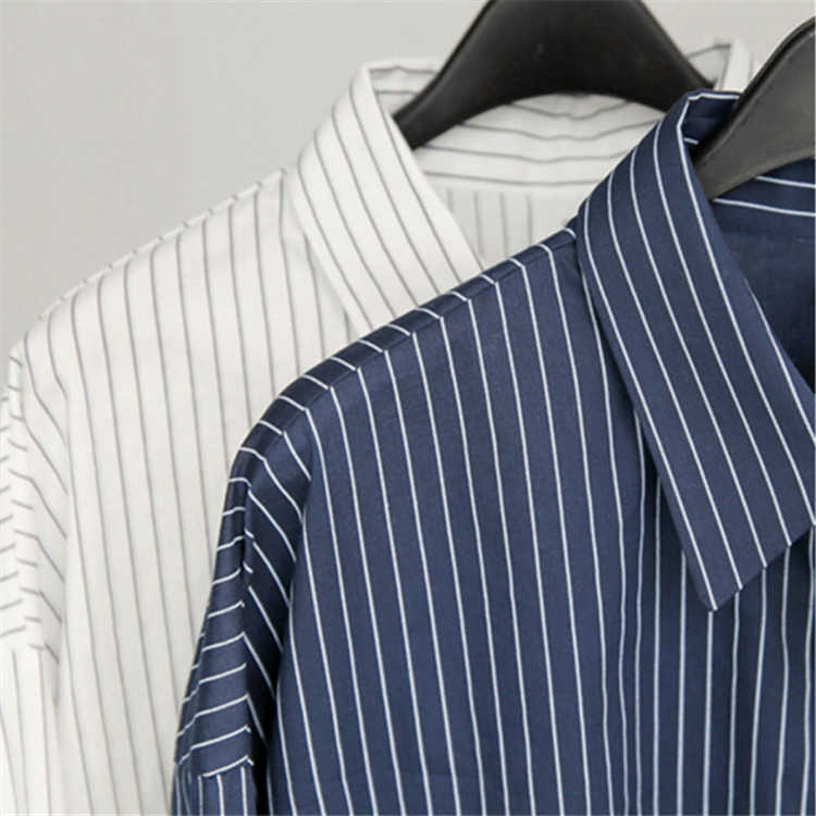 Vertical Stripe BF Plus Size Autumn Full Shirts Medium and Long All Match Loose Blouse Women 210615