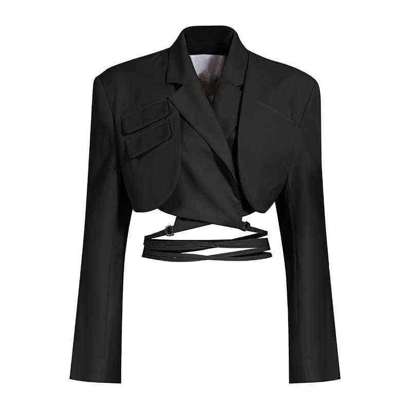 TWOTWINSTYLE Cross Short Black Blazer For Women Notched Long Sleeve Hollow Out Casual Blazers Female Fashion Clothing 211122