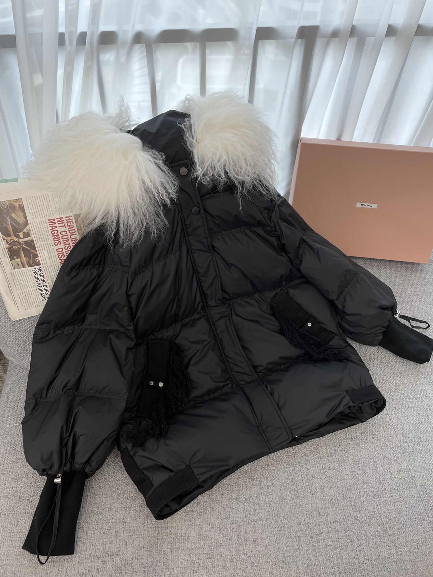 Fox fur collar down jacket high temperament slim fit, Black