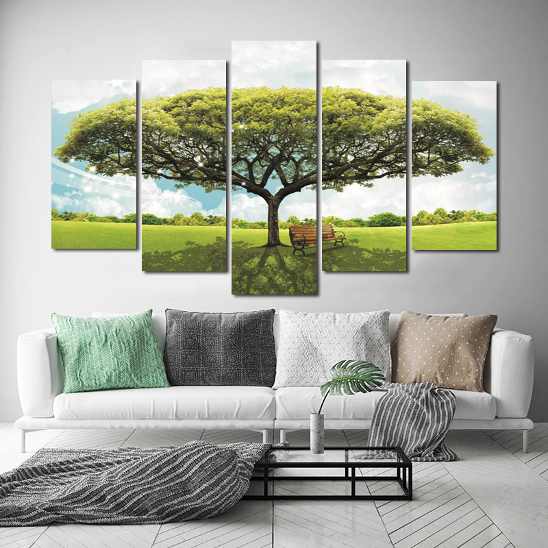 5 Panels Green Yellow Red Tree Posters Forest Prints Canvas Painting Wall Art For Living Room Landscape Pictures Home Decor