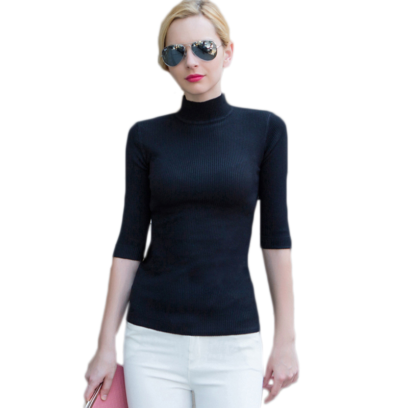 Autumn Three Quarter Sleeve Sweater Slim Solid Color Turtleneck Pullovers Sweaters Europe Style Elegant Spring New Sweater 210218