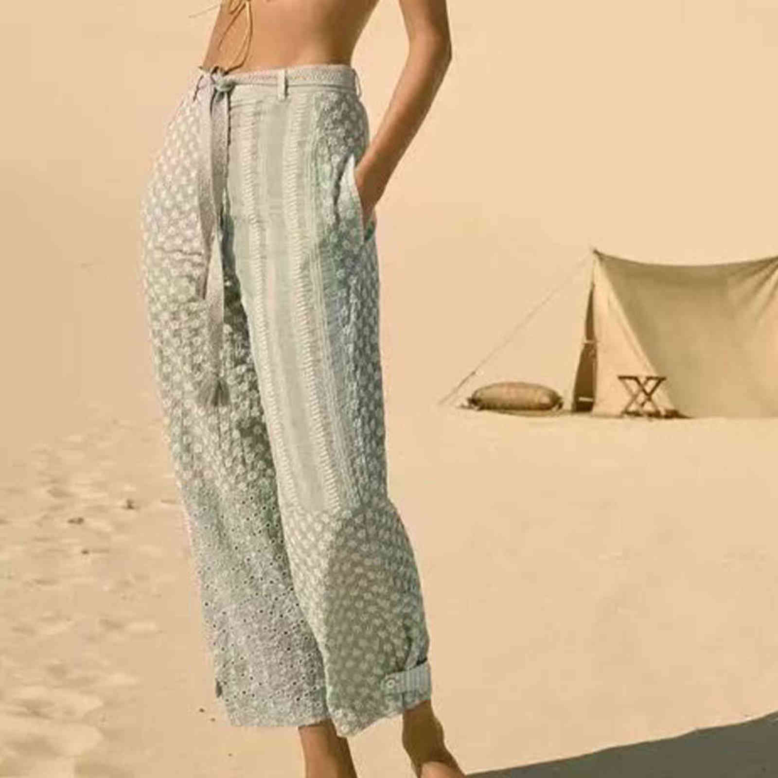 Women Summer Chic Fashion Patchwork Embroidery Wide-leg Pants Vintage High Waist Side Pockets Female Trousers Mujer 211115