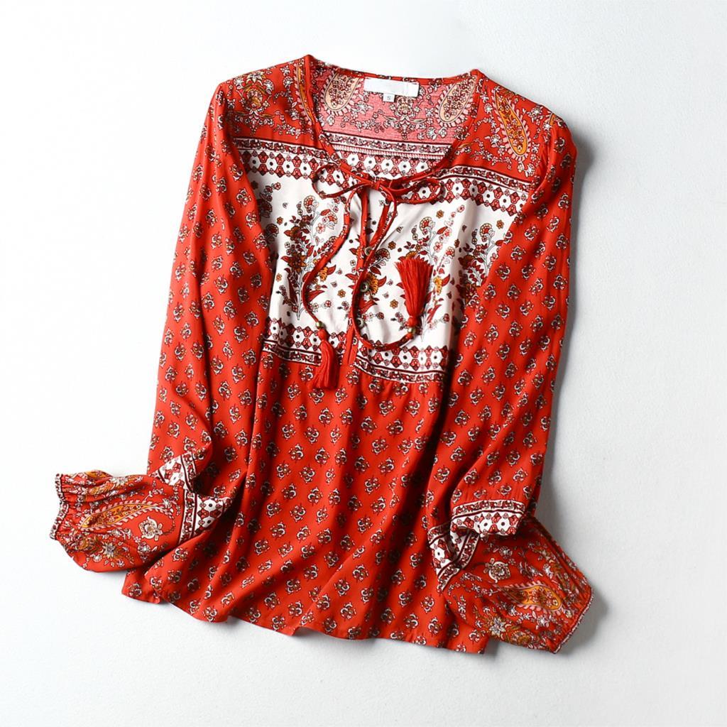 Hippie Sexy Floral Printed Blusas Long Sleeve V Neck Vintage Shirts Spring Beach Boho Casual Tunic Womens Tops and Blouses 210225
